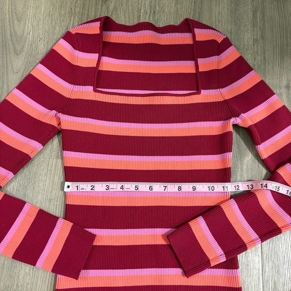 Striped Square Neck Sweater Pink Orange Burgundy Y2K Sz S 90s Retro Casual - Picture 6 of 8